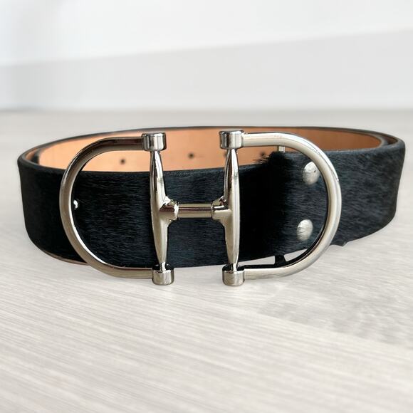 Brave Leather Kasi Hair-On Belt 32 Black Calf Hair Silver Equestrian Buckle EUC main image 5